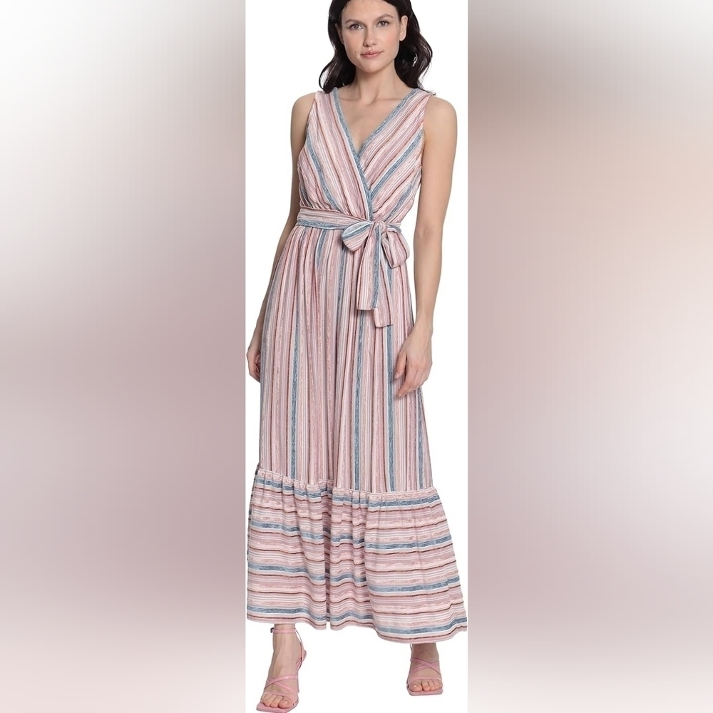 Sleeveless Striped Tiered Wrap Style Belted Velvet Maxi Dress w Pockets 8 - Picture 5 of 13